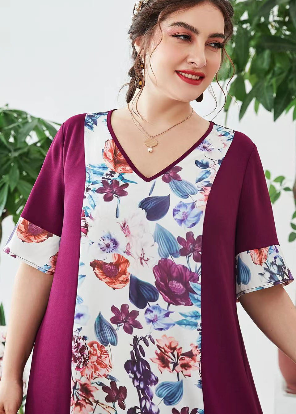 Handmade Purple V Neck Print Patchwork Chiffon Dresses Summer