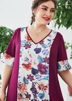 Handmade Purple V Neck Print Patchwork Chiffon Dresses Summer