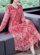 Load image into Gallery viewer, Handmade Red Cinched Print Silk Long Dress Spring