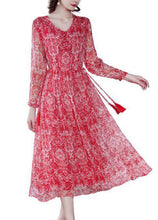 Load image into Gallery viewer, Handmade Red Cinched Print Silk Long Dress Spring