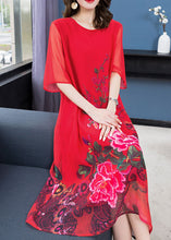 Load image into Gallery viewer, Handmade Red O Neck Floral Patchwork Chiffon Dress Summer