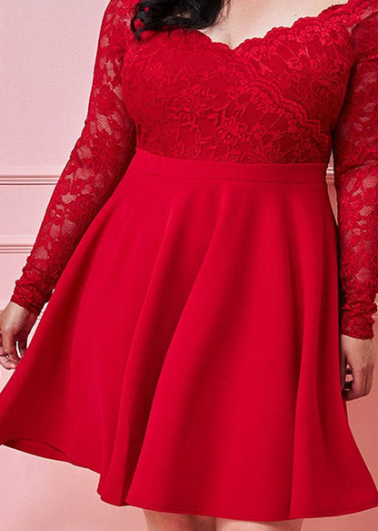 Handmade Red V Neck Lace Patchwork Knit Mid Dress Fall