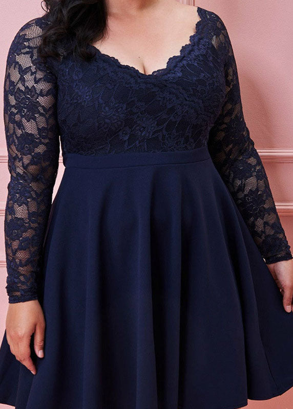 Handmade Red V Neck Lace Patchwork Knit Mid Dress Fall