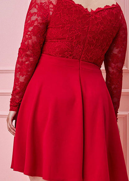 Handmade Red V Neck Lace Patchwork Knit Mid Dress Fall