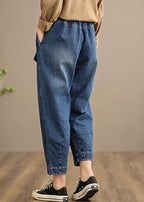 Handmade Spring Casual Pants Oversize Denim Blue-Rose Photography Elastic Waist Trousers