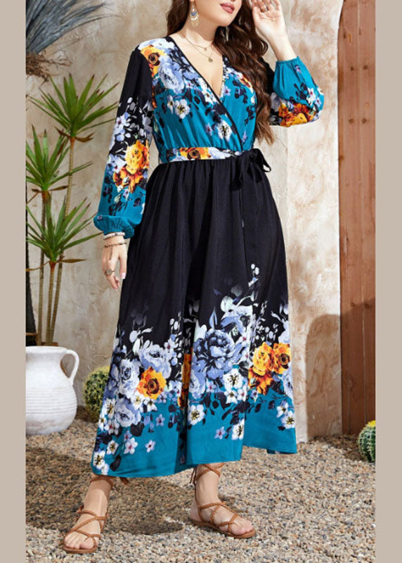 Handmade V Neck Print Drawstring Chiffon Maxi Dress Fall
