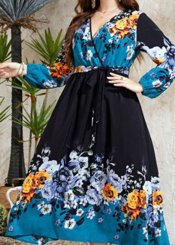 Handmade V Neck Print Drawstring Chiffon Maxi Dress Fall