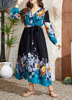 Handmade V Neck Print Drawstring Chiffon Maxi Dress Fall