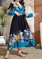 Handmade V Neck Print Drawstring Chiffon Maxi Dress Fall