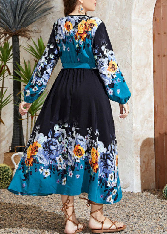 Handmade V Neck Print Drawstring Chiffon Maxi Dress Fall