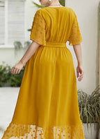 Handmade Yellow Dot Patchwork Low High Design Cozy Chiffon Long Dress Summer