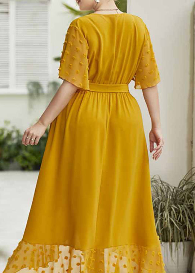 Handmade Yellow Dot Patchwork Low High Design Cozy Chiffon Long Dress Summer