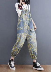 Handmade Yellow Print Denim Spaghetti Strap Jumpsuits Spring
