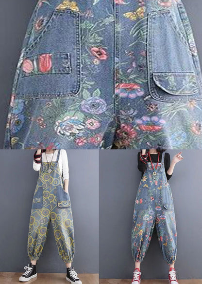 Handmade Yellow Print Denim Spaghetti Strap Jumpsuits Spring
