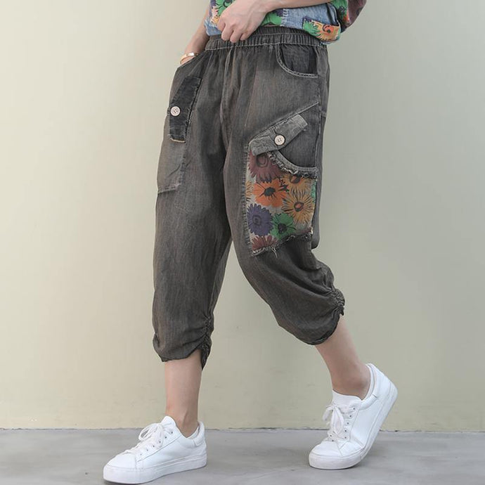Handmade denim blue casual elastic waist patchwork Shape wide leg pants