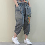 Handmade denim blue casual elastic waist patchwork Shape wide leg pants