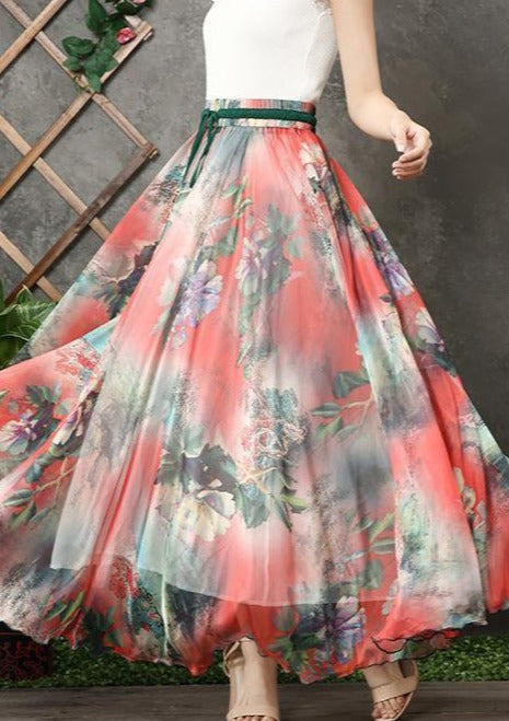 Handmade elastic tie waist chiffon tunic pattern Work Outfits red prints Plus Size Dresses summer