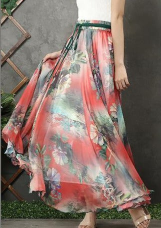 Handmade elastic tie waist chiffon tunic pattern Work Outfits red prints Plus Size Dresses summer