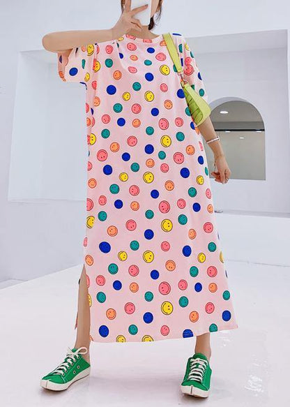 Handmade o neck clothes Women Neckline pink Smiley print Plus Size Dresses