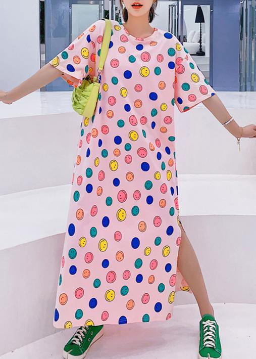 Handmade o neck clothes Women Neckline pink Smiley print Plus Size Dresses
