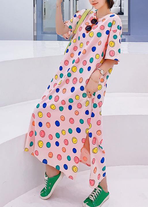Handmade o neck clothes Women Neckline pink Smiley print Plus Size Dresses