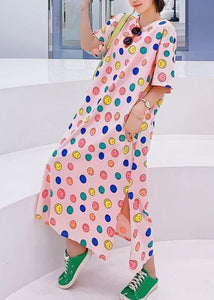 Handmade o neck clothes Women Neckline pink Smiley print Plus Size Dresses
