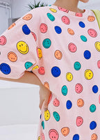 Handmade o neck clothes Women Neckline pink Smiley print Plus Size Dresses