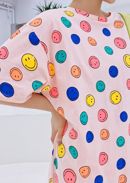 Handmade o neck clothes Women Neckline pink Smiley print Plus Size Dresses