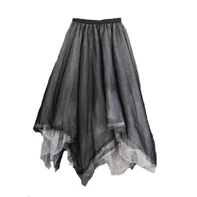 Heavy Industry Color Matching Mesh Irregular Hem Semi Black Skirt