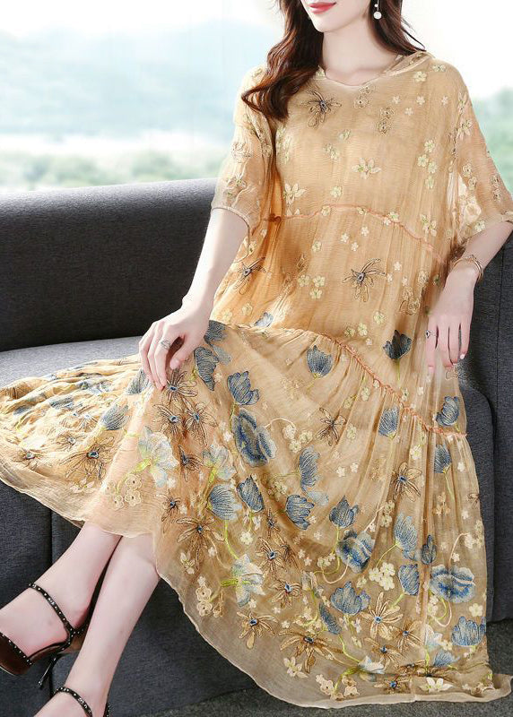 Italian Apricot Embroideried Hooded Exra Large Hem Silk Maxi Dresses Summer