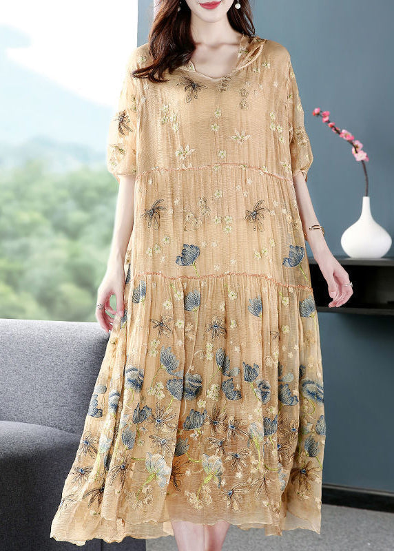 Italian Apricot Embroideried Hooded Exra Large Hem Silk Maxi Dresses Summer