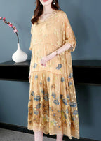Italian Apricot Embroideried Hooded Exra Large Hem Silk Maxi Dresses Summer