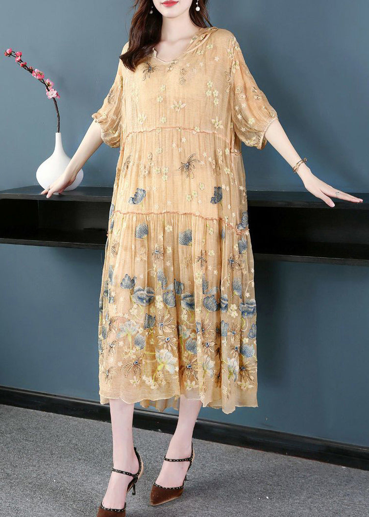 Italian Apricot Embroideried Hooded Exra Large Hem Silk Maxi Dresses Summer