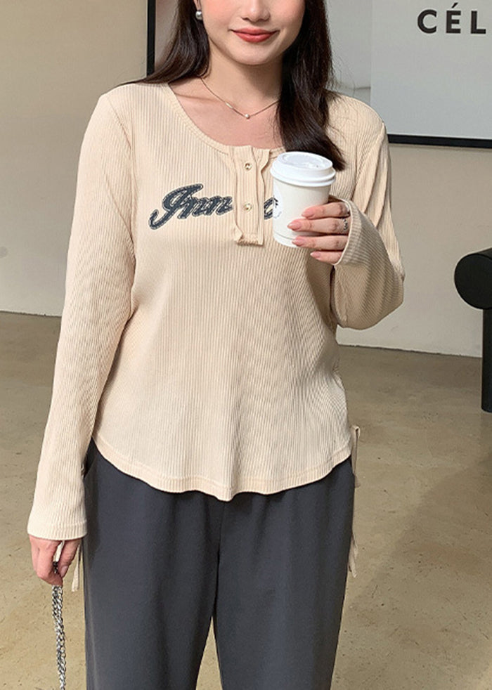 Italian Beige Print Drawstring Cotton Shirts Fall