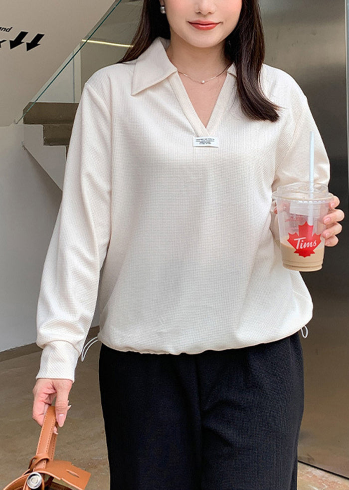 Italian Beige V Neck Drawstring Spandex Top Fall