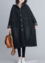 Load image into Gallery viewer, Italian Black Hooded Pockets Fleece Wool Lined Winter denim parka