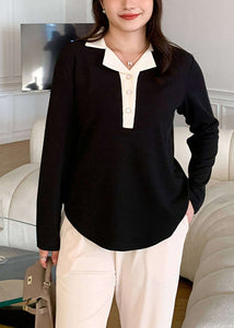 Italian Black Peter Pan Collar Patchwork Spandex Shirt Top Fall