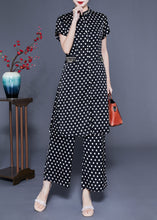 Load image into Gallery viewer, Italian Black Stand Collar Dot Print Side Open Silk Two Pieces Set Summer