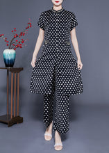 Load image into Gallery viewer, Italian Black Stand Collar Dot Print Side Open Silk Two Pieces Set Summer
