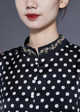 Load image into Gallery viewer, Italian Black Stand Collar Dot Print Side Open Silk Two Pieces Set Summer