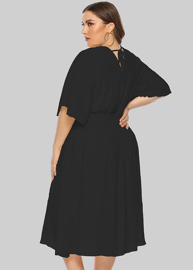 Italian Black V Neck Elastic Waist Holiday Long Dress Short Sleeve