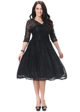 Load image into Gallery viewer, Italian Black V Neck Hollow Out Wrinkled Lace Mid Dress Bracelet Sleeve