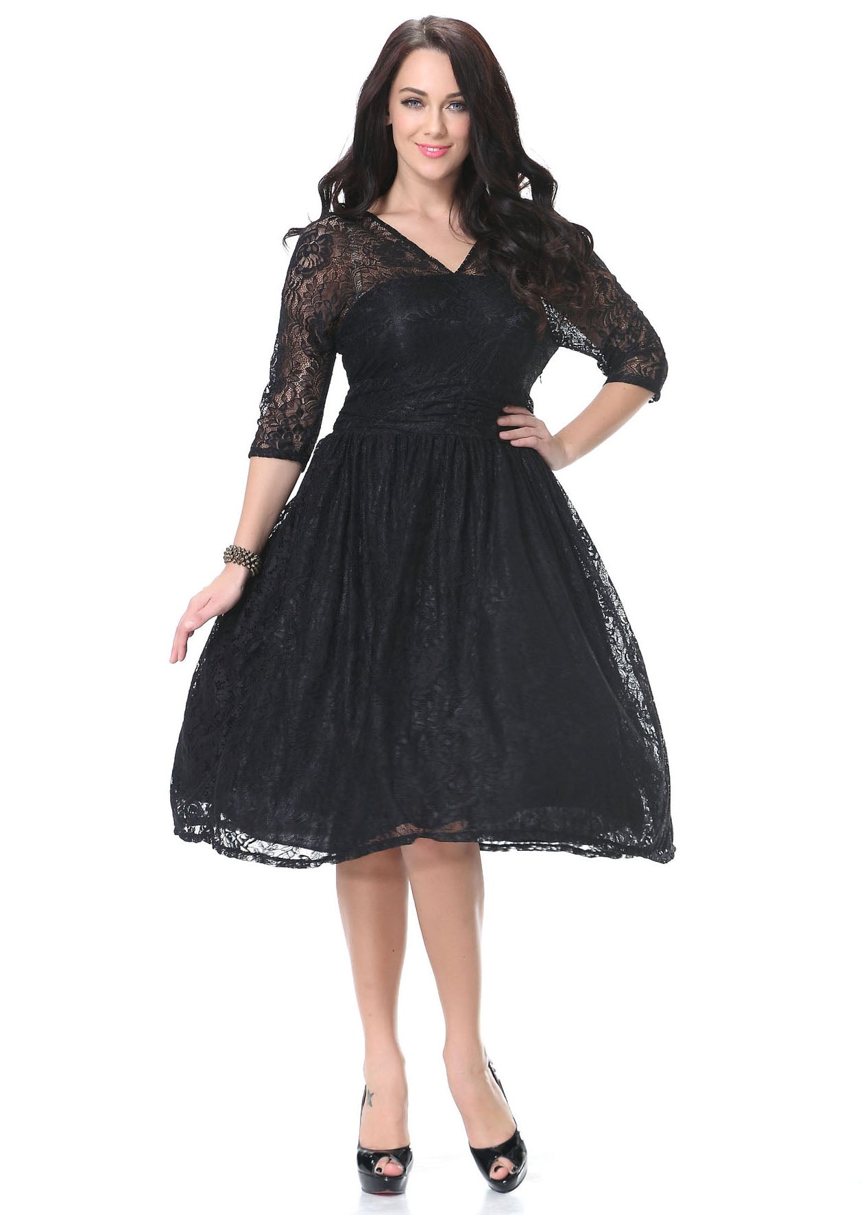 Italian Black V Neck Hollow Out Wrinkled Lace Mid Dress Bracelet Sleeve