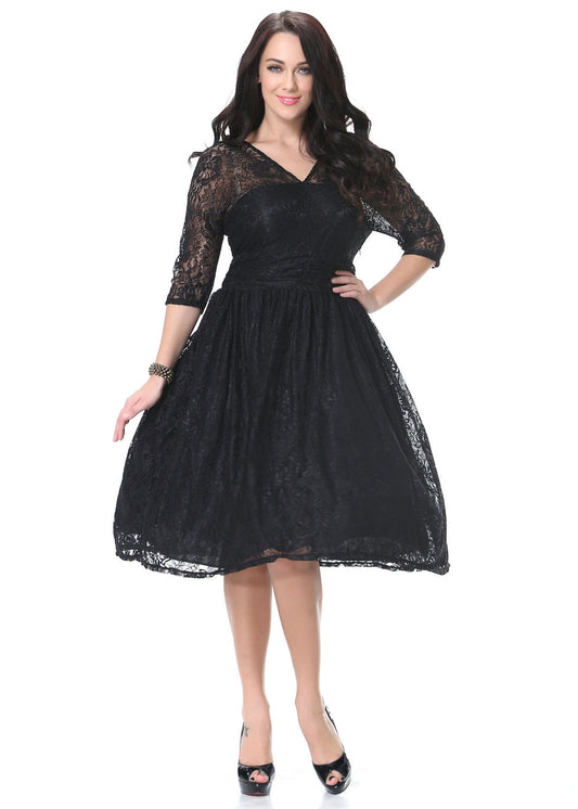 Italian Black V Neck Hollow Out Wrinkled Lace Mid Dress Bracelet Sleeve