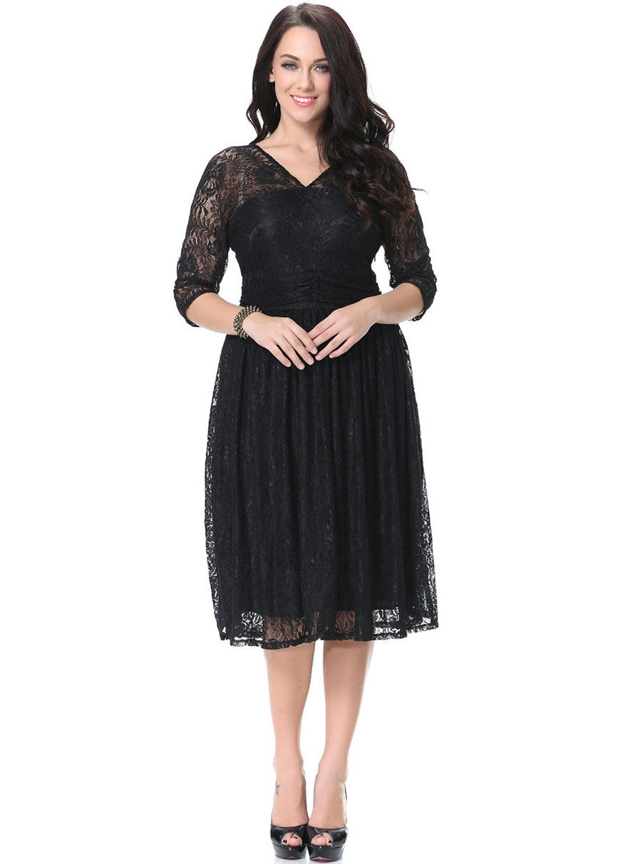 Italian Black V Neck Hollow Out Wrinkled Lace Mid Dress Bracelet Sleeve
