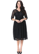 Load image into Gallery viewer, Italian Black V Neck Hollow Out Wrinkled Lace Mid Dress Bracelet Sleeve