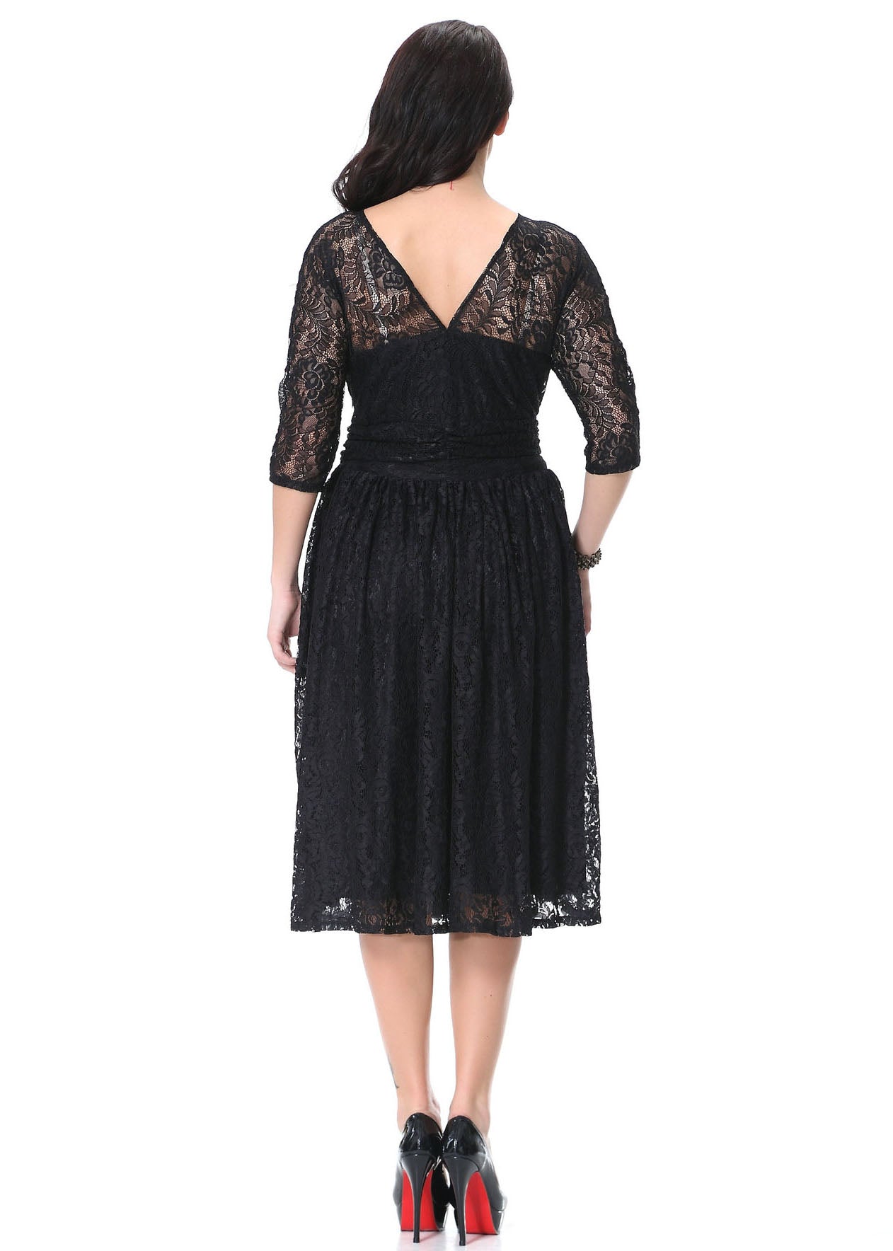 Italian Black V Neck Hollow Out Wrinkled Lace Mid Dress Bracelet Sleeve