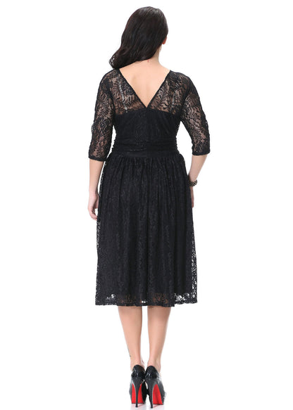 Italian Black V Neck Hollow Out Wrinkled Lace Mid Dress Bracelet Sleeve