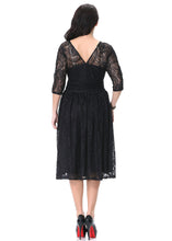 Load image into Gallery viewer, Italian Black V Neck Hollow Out Wrinkled Lace Mid Dress Bracelet Sleeve