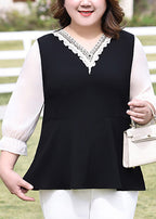 Italian Black V Neck Lace Patchwork Chiffon Top Long Sleeve